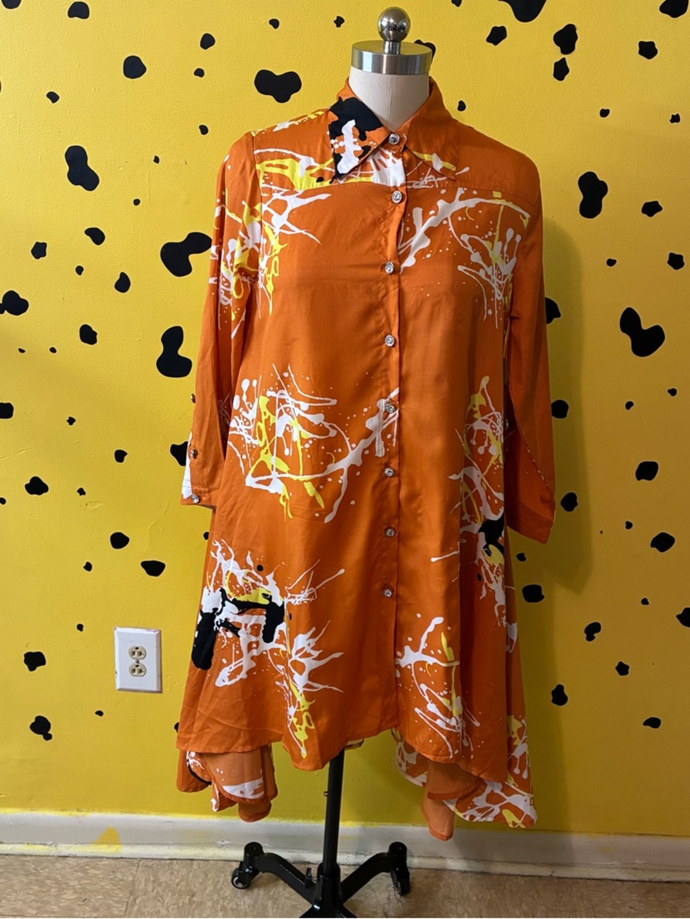 Abstract Print Button Up Shirt Orange Oversized High Low Top M Artsy Oversized